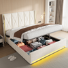 LVHOM Polsterbett mit Stauraum, Doppelbett mit LED, USB-Anschlüsse und Seitentaschen, Funktionbett, 180x200 cm, Beige Bild 1
