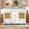 Sideboard / Kücheninsel 146,85x70x90 cm, klappbarer Esstisch, 3 Schubladen, Rollen, Rattan-Türpaneele, weiß Bild 3