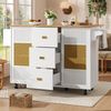 Sideboard / Kücheninsel 146,85x70x90 cm, klappbarer Esstisch, 3 Schubladen, Rollen, Rattan-Türpaneele, weiß Bild 4