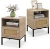 2er Set Rattan Nachttisch mit Offenem Regal & Schrank Nachtschrank Beistelltisch Natur Bild 1