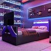 Kinderbett im E-Sport-Stil mit PU-Lederbezug in Farbblockoptik,LED-Beleuchtung mit Farbwechsel hydraulischem Stauraum und integrierter TV-Halterung Multifunktionales Gaming Bett,,90 x 200 cm Bild 3