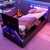 Kinderbett im E-Sport-Stil mit PU-Lederbezug in Farbblockoptik,LED-Beleuchtung mit Farbwechsel hydraulischem Stauraum und integrierter TV-Halterung Multifunktionales Gaming Bett,,90 x 200 cm Bild 2