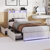 Furnishings Home Polsterbett 90x200 cm, LED Stauraumbett Jugendbett (1-tlg, Leinenmaterial, Komforthöhe, Leises Design Bett), Mit Ladefunktion und 2 Schubladen LED-Beleuchtung Einzelbett Bild 5