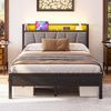 Flieks Doppelbett 140 x 190cm, Metallbett mit LED-Lichtern, USB-Ladestation & gepolsterter Kopfteil, Schwarz Bild 2