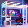 Hochbett, 90 x 200 cm, Eisenrahmen, mit farbwechselnder LED-Lichtleiste, mit Schreibtisch, 1 USB-Anschluss + 1 Typ-C-Anschluss und 2 Steckdosen, mit Lochwand, ohne Matratze, Weiß Bild 4
