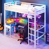 Hochbett, 90 x 200 cm, Eisenrahmen, mit farbwechselnder LED-Lichtleiste, mit Schreibtisch, 1 USB-Anschluss + 1 Typ-C-Anschluss und 2 Steckdosen, mit Lochwand, ohne Matratze, Weiß Bild 3