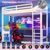 Hochbett, 90 x 200 cm, Eisenrahmen, mit farbwechselnder LED-Lichtleiste, mit Schreibtisch, 1 USB-Anschluss + 1 Typ-C-Anschluss und 2 Steckdosen, mit Lochwand, ohne Matratze, Weiß Bild 5