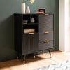 Sideboard 77 x 97 x 40 cm Anrichte Schwarz mit Eiche-Dekor, Kommode mit Türen und Schubladen, Kommodenschrank Flurschrank mit Regal Modern, Standschrank Wohnzimmer Metallbeine Bild 2