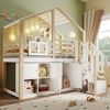 Flieks Hochbett Kinderbett 90x200cm Hausform mit Stauraumtreppe und Stauraumfächer Bild 5