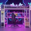Merax Hochbett, 140 x 200 cm, Kinderbett, Doppelbett, Eisenrahmen, mit LED-Lichtleiste, Schreibtisch, Stauraum, mehreren Regalen, Lochwand, USB-Anschluss, Weiß Bild 5