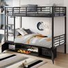 Merax 90x200cm Eisenrahmenbett, Etagenbett, Offener schuhschrank, Doppeltüriger kleiner lagerschrank, Geeignet für Kinder und Jugendliche, mit Seitenleiter, mit Fallschutzgitter, Eisen + MDF, Schwarz Bild 3