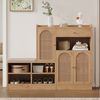 Flieks Schuhschrank mit gepolsterter Sitzbank, 3 Rattantüren und 1 Schubladen Holzoptik (1-St, B142xT35xH110 cm) Schuhregal Mehrzweckschrank Schuhkommode mit verstellbarer Ablagen Bild 1