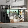 Hochbett mit Kleiderschrank, LED-Streifen, Rausfallschutz und Regal, 140x200cm, Treppe mit Schränken, und, Kinderbett, Metallbett Bild 4