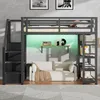 Hochbett mit Kleiderschrank, LED-Streifen, Rausfallschutz und Regal, 140x200cm, Treppe mit Schränken, und, Kinderbett, Metallbett Bild 3