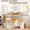 Hochbett, 140x200cm, Mit LED-Leuchten, Fensterform, Ablageleiter, offenem Staufach, Schreibtisch, Steckdose, ohne Matratze, Weiß+Natur Bild 5