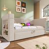Merax Polsterbett, Daybett 90x200 cm, Einzelbett Schlafsofa mit Ausziehbett, Armlehnen mit USB- & Type-C-Ladeanschluss und Getränkehalter, Leinen-Mischgewebe, Beige Bild 2