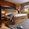 Polsterbett 160×200 cm aus Metall und Holz mit LED-Beleuchtung und USB-C-Ladefunktion, eiche Bild 2