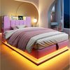 Merax Polsterbett mit LED-Beleuchtung und USB-Anschluss (Metalllattenrahmen & Samtbezug, 1-tlg, Kinderbett Einzelbett Mehrzweckbett Stauraumbett), Jugendbett 90×200cm mit hydraulischem Stauraum & Kopfteilfach, Samt Bild 2