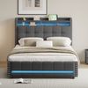 Merax Polsterbett 140*200 cm mit LED-Beleuchtung und USB-Steckdose, Kopfteil mit Ablagen und Stauraum mit 4 Schubladen, Doppelbett für Erwachsene, Leinenstoff Grau Bild 3