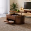 Anhebbarer Couchtisch, Couchtisch mit gebogenen Holzseiten, ausziehbarem Regal, anhebbarer Tischplatte, multifunktionales Wohnzimmermöbel. Bild 2