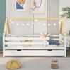 Bett 90x200 cm mit Ausziehbett im Haus-Design – weiß/natur, massives Kiefernholz Bild 3