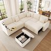 Merax L‑förmiges XXL‑Ecksofa für 7 Personen, ausziehbares und umwandelbares Schlafsofa mit Schlaffunktion, LED‑Leselampe, USB/Type‑C‑Anschluss, Armlehnen‑Stauraum, Klapptisch, Getränkehalter &3 Kisse, Beige Bild 2