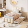 Polsterbett 90 x 200 cm, ausziehbares Kinderbett, verstellbares Kopfteil, hautfreundliche Leinenpolsterung, flaches Einzelbett Kinderbett Jugendbett Gästebett (Beige) Bild 2