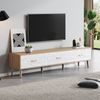 TV-Schrank Retro Weiß mit hellen Holzoberflächen, 150x39x35cm, mit 3 große Schubladen, Massivholzbeine, Kippsicherung Bild 4