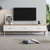 TV-Schrank Retro Weiß mit hellen Holzoberflächen, 150x39x35cm, mit 3 große Schubladen, Massivholzbeine, Kippsicherung Bild 2