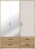 Forte MOKKARO Kleiderschrank 140 150, moderner Drehtürenschrank, 3-türig, 4 Schubladen, Spiegel, Mauvella Eiche Holzdekor|Kaschmir Beige, 144,4 cm breit x 200,1 cm hoch x 52,7 cm tief Bild 2