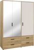Forte MOKKARO Kleiderschrank 140 150, moderner Drehtürenschrank, 3-türig, 4 Schubladen, Spiegel, Mauvella Eiche Holzdekor|Kaschmir Beige, 144,4 cm breit x 200,1 cm hoch x 52,7 cm tief Bild 3