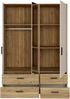 Forte MOKKARO Kleiderschrank 140 150, moderner Drehtürenschrank, 3-türig, 4 Schubladen, Spiegel, Mauvella Eiche Holzdekor|Kaschmir Beige, 144,4 cm breit x 200,1 cm hoch x 52,7 cm tief Bild 4
