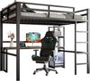 Hochbett 140x200 cm, Metallrahmen mit Schreibtisch und Steckdose (USB/Type-C), Regale, Geländer & Trittleiter, Schwarz Bild 4
