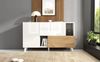 Sideboard 130x40x70 cm, Weiß hochglänzend mit Hell-Eiche Akzenten, 2 Schubladen & Türen, skandinavischer Minimalismus,Weiß und Licht Eiche Bild 2