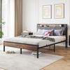 Flieks Doppelbett 140 x 200cm, Metallbett mit LED-Lichtern, USB-Ladestation & gepolsterter Kopfteil, Braun Bild 3