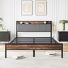 Flieks Doppelbett 140 x 200cm, Metallbett mit LED-Lichtern, USB-Ladestation & gepolsterter Kopfteil, Braun Bild 5