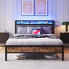 Flieks Doppelbett 140 x 200cm, Metallbett mit LED-Lichtern, USB-Ladestation & gepolsterter Kopfteil, Braun Bild 2