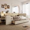 Daybett, 90*200cm, Tagesbett, Schlafsofa, mit 2 Schubladen, Schreibtisch, USB + Typ C, Flip Top Aufbewahrungsfach, Ablagefach, Bett mit Lattenrost (ohne Matratze), Leinen, beige Bild 4