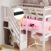 Merax Kinderbett, Hochbett 90*200cm, Massivholzbett, Jugendbett, Einzelbett, Treppe mit Aufbewahrungsschrank, mit einem Schreibtisch, mit USB-Steckdose und mit LED-Licht, weiß Bild 3