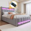 Merax Polsterbett 140*200cm mit LED-Beleuchtung und USB-Steckdose, Kopfteil mit Einlegeböden und Stauraum, Mit Hydraulik für die Lagerung, Erwachsenenbett Doppelt, Leinenstoff Hellgrau Bild 5