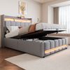 Merax Polsterbett 140*200cm mit LED-Beleuchtung und USB-Steckdose, Kopfteil mit Einlegeböden und Stauraum, Mit Hydraulik für die Lagerung, Erwachsenenbett Doppelt, Leinenstoff Hellgrau Bild 2
