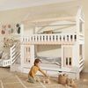 Etagenbett, Kinderbett, Hausform, Seitlicher Stauraumschrank mit Leiter, 2 Schubladen, Dekorative Holzfenster und Zierleisten, Kiefer+MDF, Weiß+Natur, 90x200 cm Bild 4