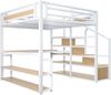 Merax 140*200 Metall-Hochbett mit Aufbewahrungsleiter mit Regalen und Tisch, Sicherheitszaun-Design mit gespleißten Metallplanken, Hohes Eisenrahmenbett mit Metallrahmen, Weiß Bild 5