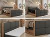 Doppelbett, Boxspringbett mit zwei Multipocket-Matratzen und ein Topper, Bettkästen, Eiche Wotan Holzrahmen, genähtes Kopfteil und Front - ALBERO 2 KING DUO - 200 x 200 cm - Dunkelgrau Kunstleder - H3 Bild 2