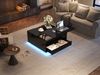 Wohnzimmer-Couchtisch, Anhebbarer Kaffeetisch mit LED-Lichtleiste, Sofatisch mit 1 Schublade, Hochglanz-Beistelltisch mit verstecktem Stauraum und hochklappbaren Türen, MDF, Schwarz, 70 x 70 x 38 cm Bild 4