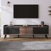 TV-Ständer 160 cm Schwarz & Holz, Sideboard mit gestreiften Schiebetüren, zwei Schubladen, Massivholzbeine Bild 5