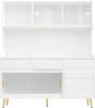 Hochschrank 145 x 39 x 171 cm mit LED-Beleuchtung, Schiebetüren aus geriffeltem Glas, MDF in Weiß Bild 4