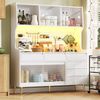 Hochschrank 145 x 39 x 171 cm mit LED-Beleuchtung, Schiebetüren aus geriffeltem Glas, MDF in Weiß Bild 3