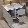 Badezimmerschrank wandhängend, Volllackierung, LED-Radarsensor-Beleuchtung, zwei Schubladen, leise Gleitschienen, linke und rechte Ablage, Waschtisch, integriertes Waschbecken, Weiß, 76 x 46 x 50 cm Bild 3