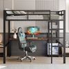 Hochbett mit Schreibtisch, Mehrfachsteckdose, Regal und Rausfallschutz, Metallbett, Jugendbett (schwarz, 140x200 cm) Bild 3